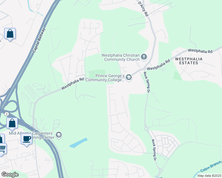 map of restaurants, bars, coffee shops, grocery stores, and more near 3404 Gentle Breeze Drive in Upper Marlboro