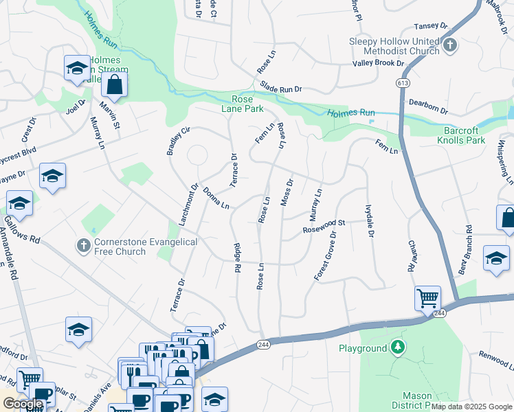 map of restaurants, bars, coffee shops, grocery stores, and more near 3716 Rose Lane in Annandale