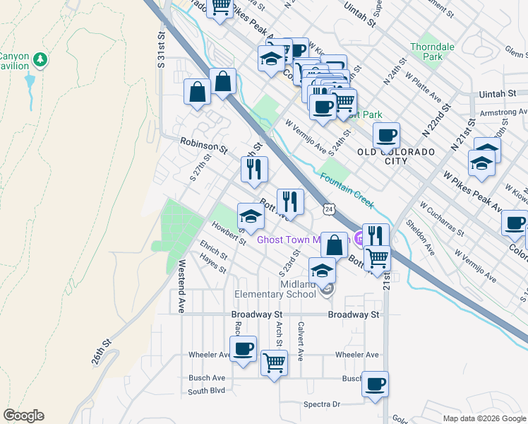 map of restaurants, bars, coffee shops, grocery stores, and more near 2419 Bott Avenue in Colorado Springs