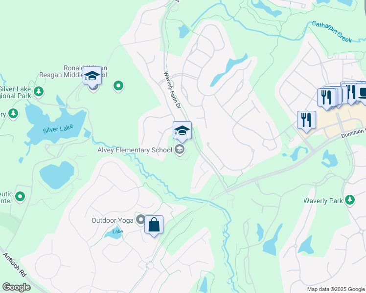 map of restaurants, bars, coffee shops, grocery stores, and more near 5300 Waverly Farm Drive in Haymarket