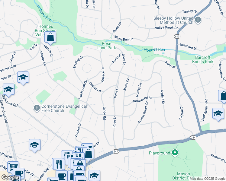map of restaurants, bars, coffee shops, grocery stores, and more near 3716 Rose Lane in Annandale