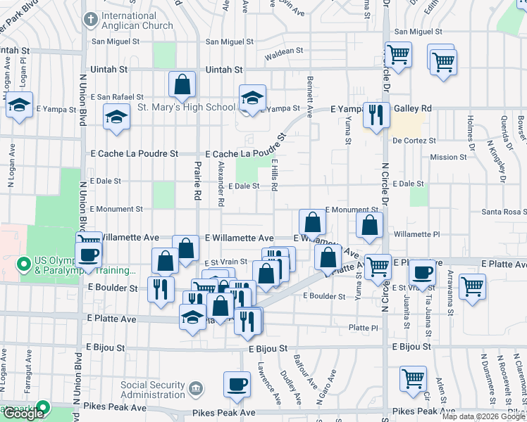 map of restaurants, bars, coffee shops, grocery stores, and more near 704 Ralston Court in Colorado Springs