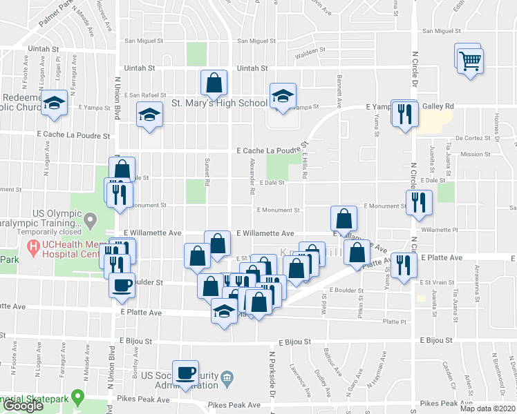 map of restaurants, bars, coffee shops, grocery stores, and more near in Colorado Springs