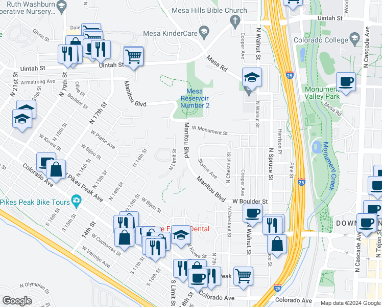 map of restaurants, bars, coffee shops, grocery stores, and more near 739 Manitou Boulevard in Colorado Springs
