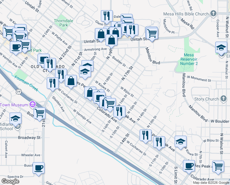 map of restaurants, bars, coffee shops, grocery stores, and more near 1625 West Bijou Street in Colorado Springs