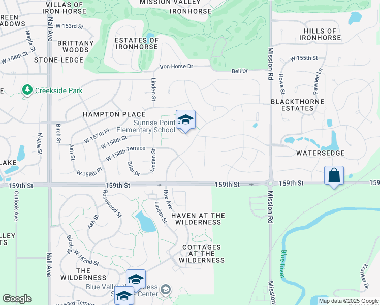 map of restaurants, bars, coffee shops, grocery stores, and more near 15800 Roe Avenue in Overland Park