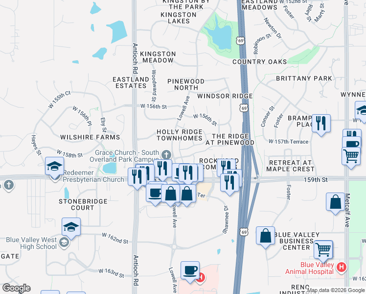 map of restaurants, bars, coffee shops, grocery stores, and more near 7880 West 157th Terrace in Overland Park