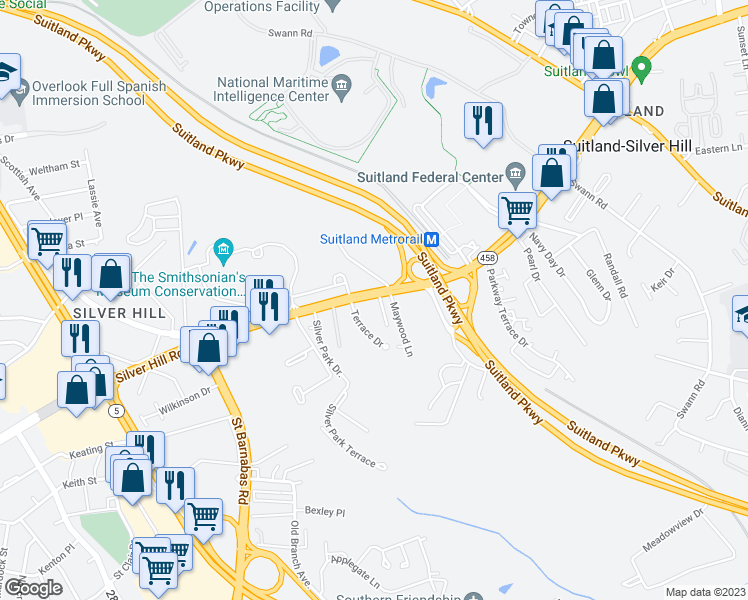 map of restaurants, bars, coffee shops, grocery stores, and more near 4237 Silver Hill Road in Hillcrest Heights