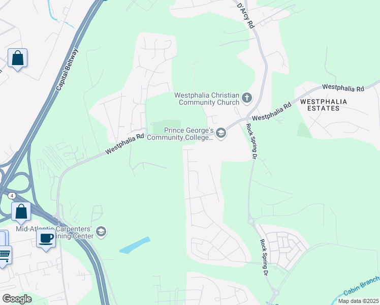 map of restaurants, bars, coffee shops, grocery stores, and more near 3404 Gentle Breeze Drive in Upper Marlboro