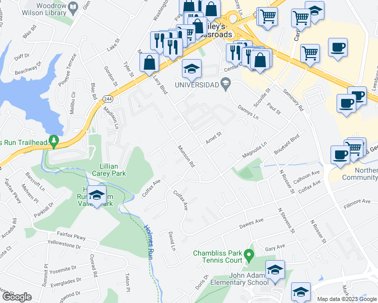map of restaurants, bars, coffee shops, grocery stores, and more near 5830 Arnet Street in Falls Church