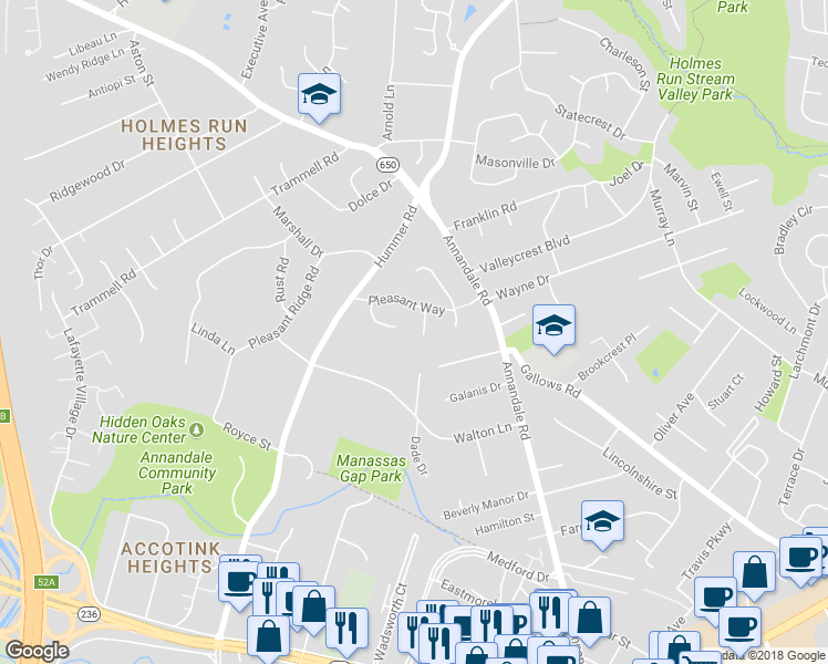 map of restaurants, bars, coffee shops, grocery stores, and more near 3798 Dade Drive in Annandale