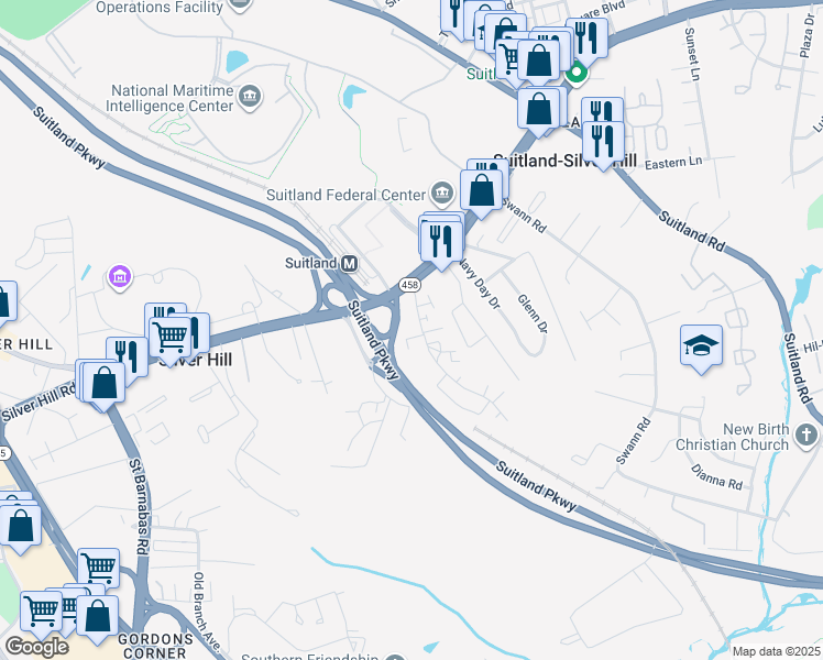 map of restaurants, bars, coffee shops, grocery stores, and more near 3411 Parkway Terrace Drive in Hillcrest Heights