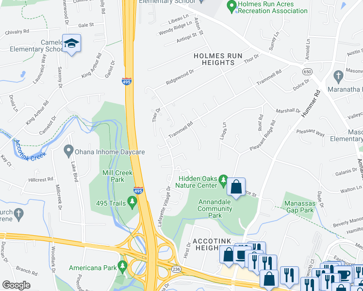 map of restaurants, bars, coffee shops, grocery stores, and more near 3731 Yorktown Village Pass in Annandale