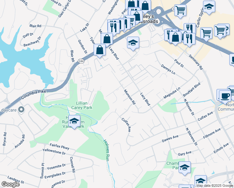 map of restaurants, bars, coffee shops, grocery stores, and more near 3803 Bell Manor Court in Falls Church