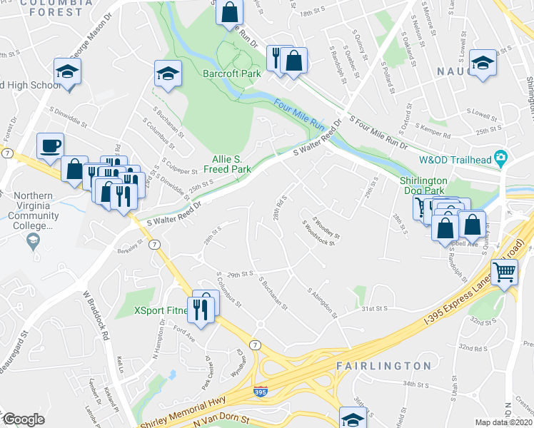 map of restaurants, bars, coffee shops, grocery stores, and more near 2809 South Abingdon Street in Arlington