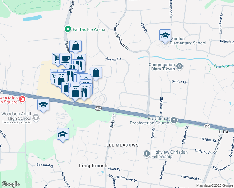 map of restaurants, bars, coffee shops, grocery stores, and more near 9242 Okla Drive in Fairfax