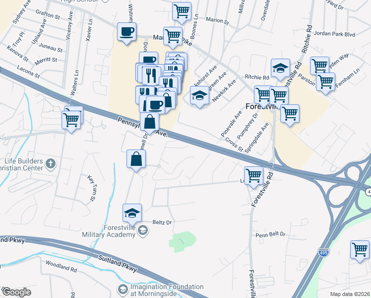 map of restaurants, bars, coffee shops, grocery stores, and more near 7143 Donnell Place in Forestville