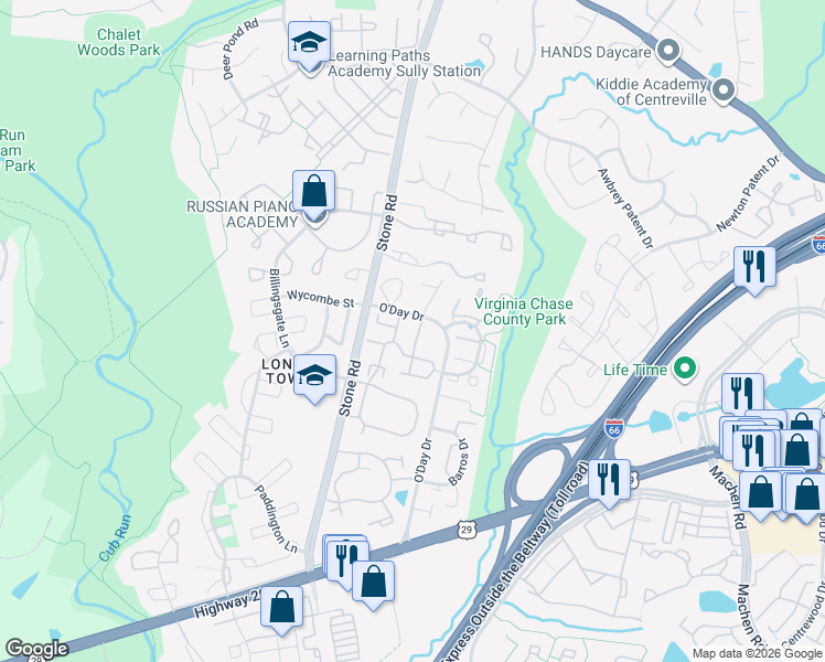 map of restaurants, bars, coffee shops, grocery stores, and more near 6010 Raina Drive in Centreville