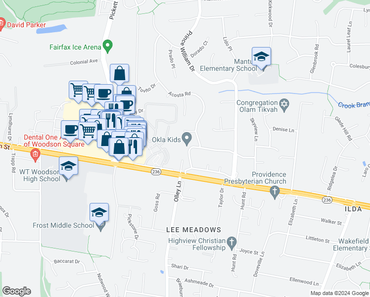 map of restaurants, bars, coffee shops, grocery stores, and more near 9242 Okla Drive in Fairfax