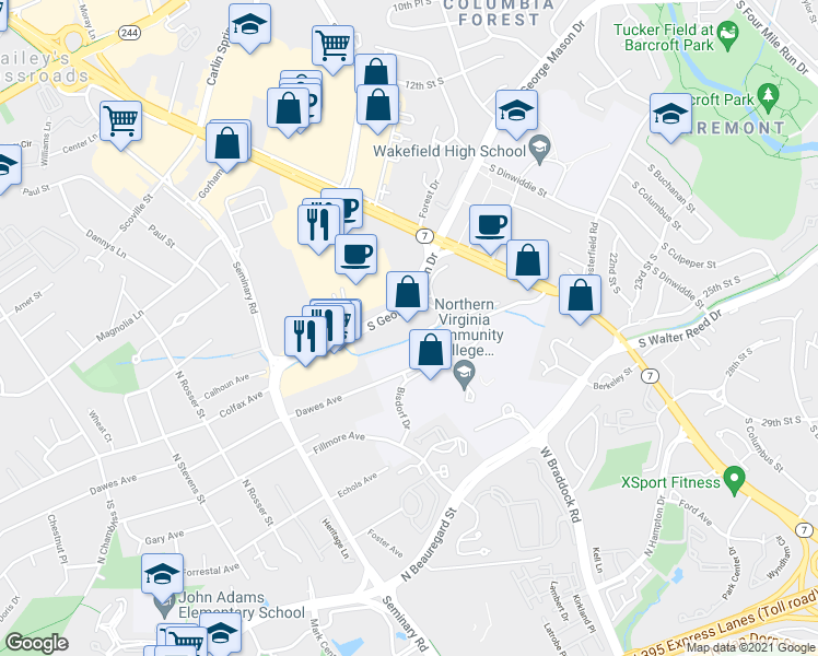 map of restaurants, bars, coffee shops, grocery stores, and more near 3709 South George Mason Drive in Falls Church