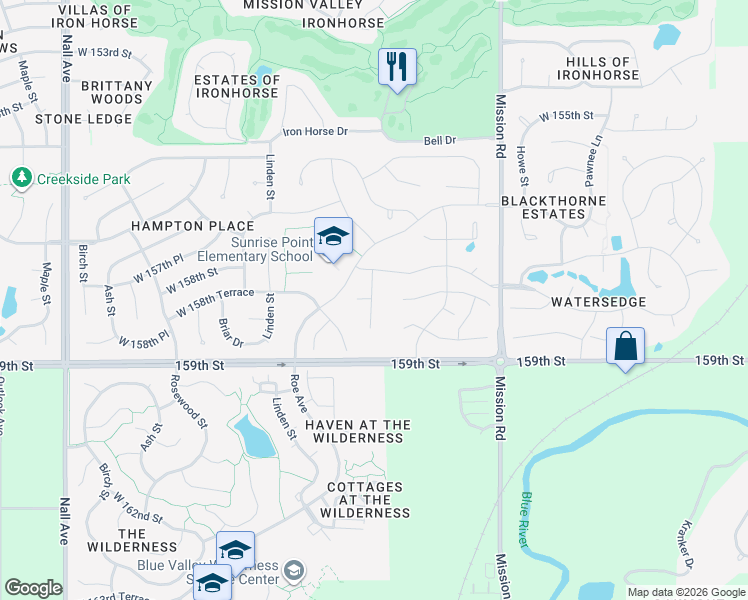map of restaurants, bars, coffee shops, grocery stores, and more near 4407 West 158th Terrace in Overland Park