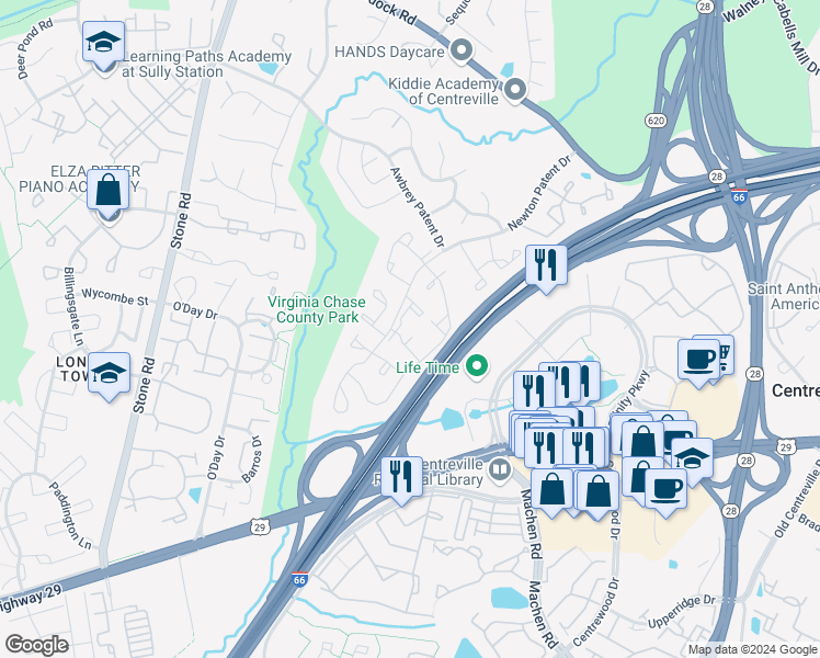 map of restaurants, bars, coffee shops, grocery stores, and more near 6031 Netherton Street in Centreville