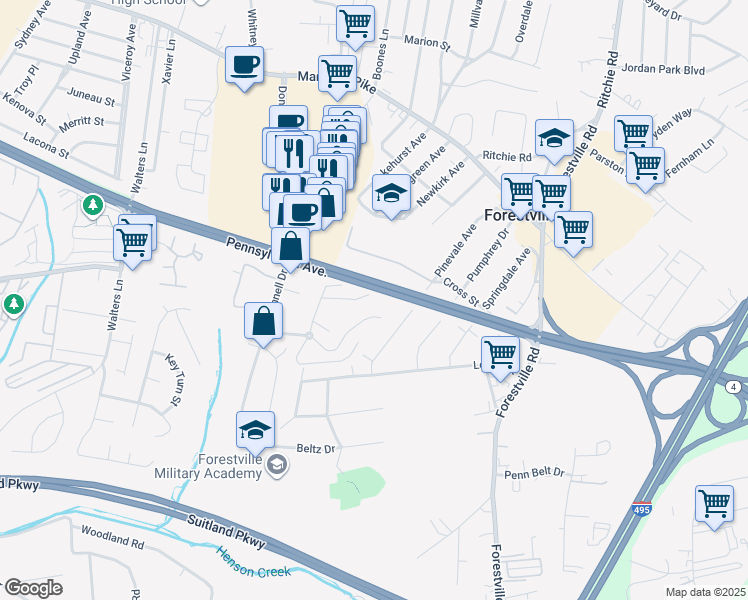 map of restaurants, bars, coffee shops, grocery stores, and more near 7157 Donnell Place in Forestville