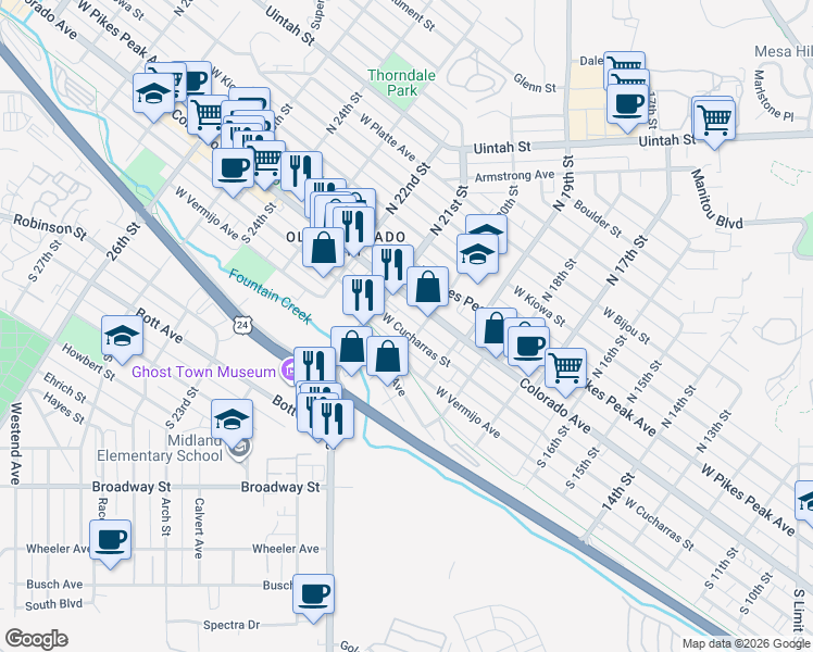 map of restaurants, bars, coffee shops, grocery stores, and more near 2008 West Cucharras Street in Colorado Springs