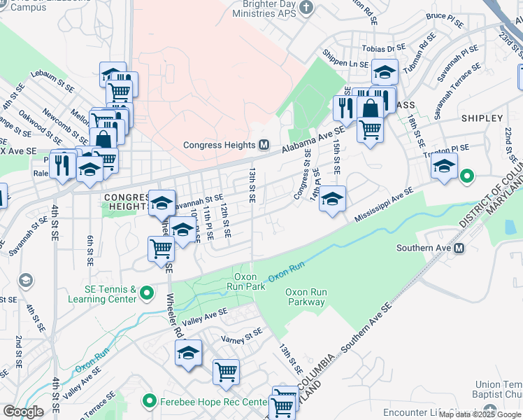 map of restaurants, bars, coffee shops, grocery stores, and more near 1310 Congress Street Southeast in Washington