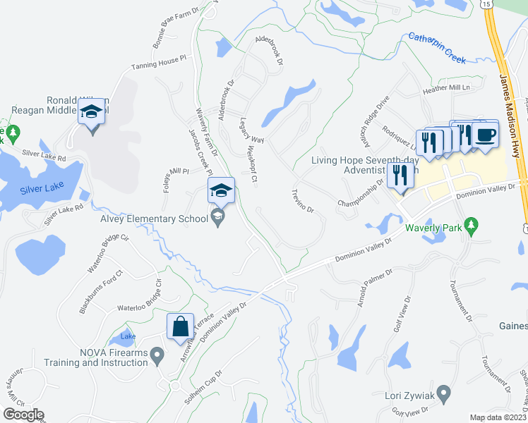 map of restaurants, bars, coffee shops, grocery stores, and more near 5470 Trevino Dr in Haymarket