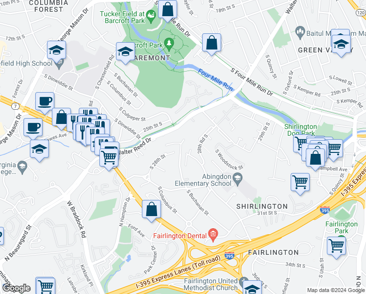 map of restaurants, bars, coffee shops, grocery stores, and more near 2739 South Buchanan Street in Arlington