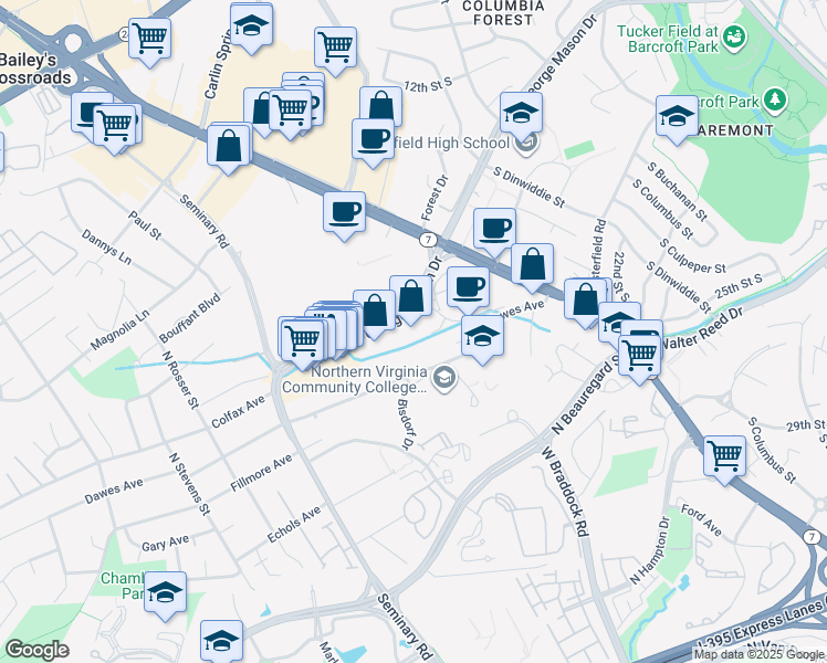 map of restaurants, bars, coffee shops, grocery stores, and more near 3709 South George Mason Drive in Falls Church