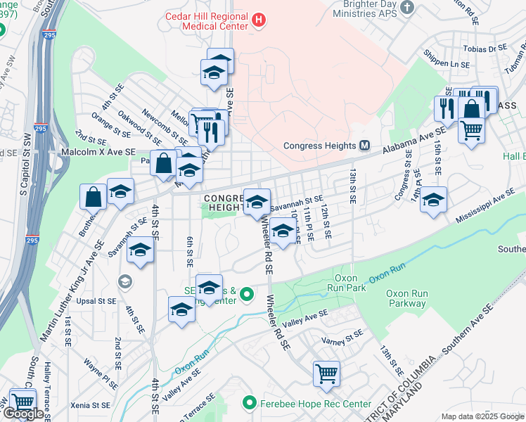 map of restaurants, bars, coffee shops, grocery stores, and more near 3301 Wheeler Road Southeast in Washington