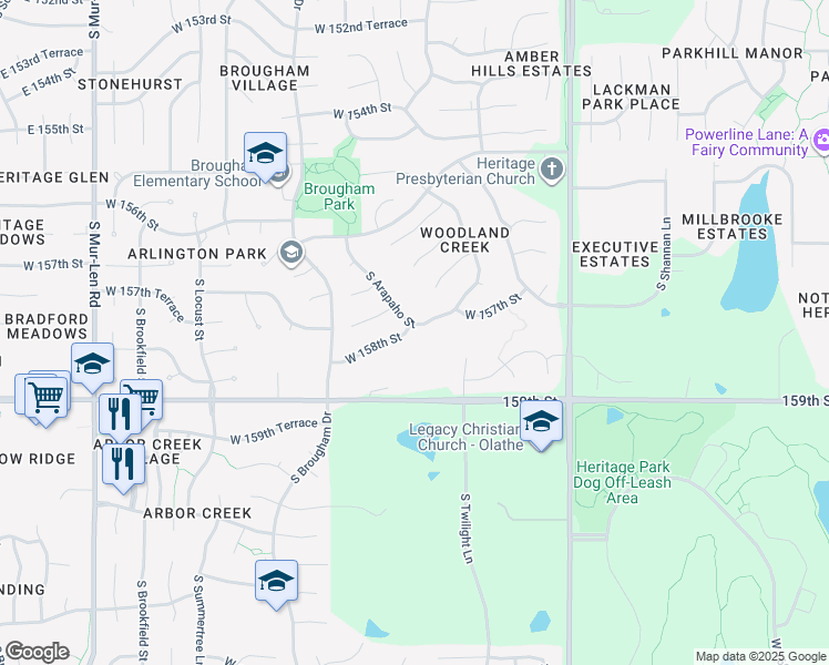 map of restaurants, bars, coffee shops, grocery stores, and more near 15815 West 158th Street in Olathe