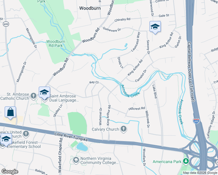 map of restaurants, bars, coffee shops, grocery stores, and more near 8302 Kay Court in Annandale