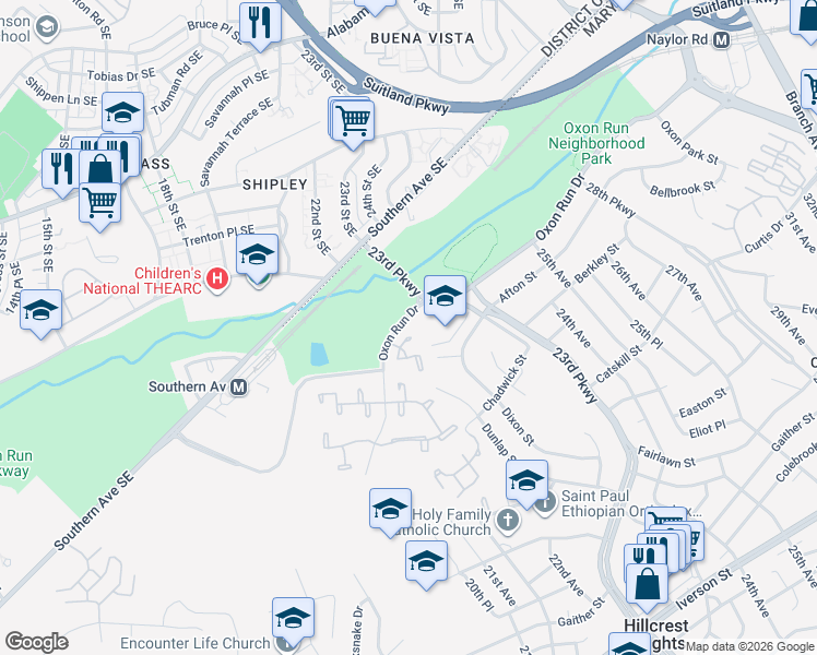 map of restaurants, bars, coffee shops, grocery stores, and more near 2218 Dawn Lane in Temple Hills