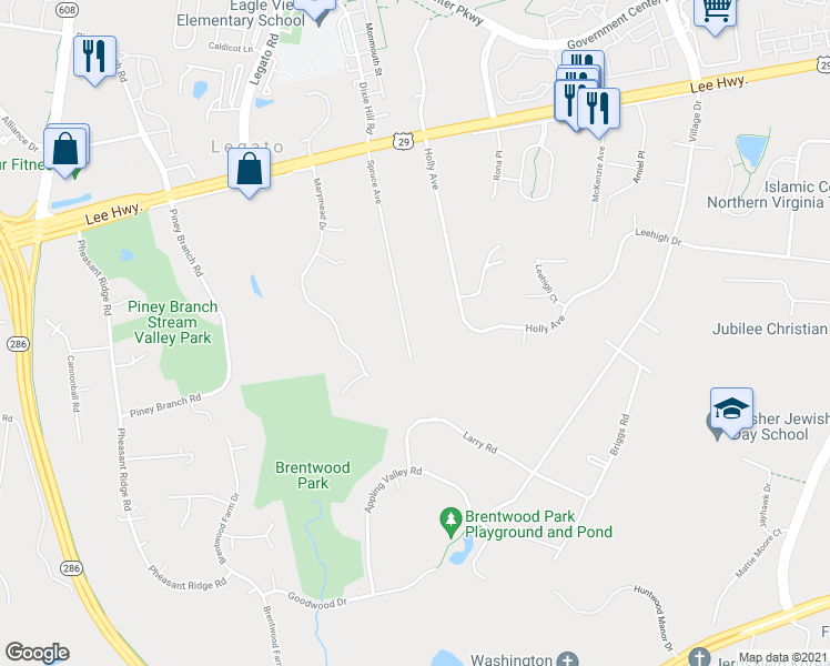 map of restaurants, bars, coffee shops, grocery stores, and more near 4813 Spruce Avenue in Fairfax