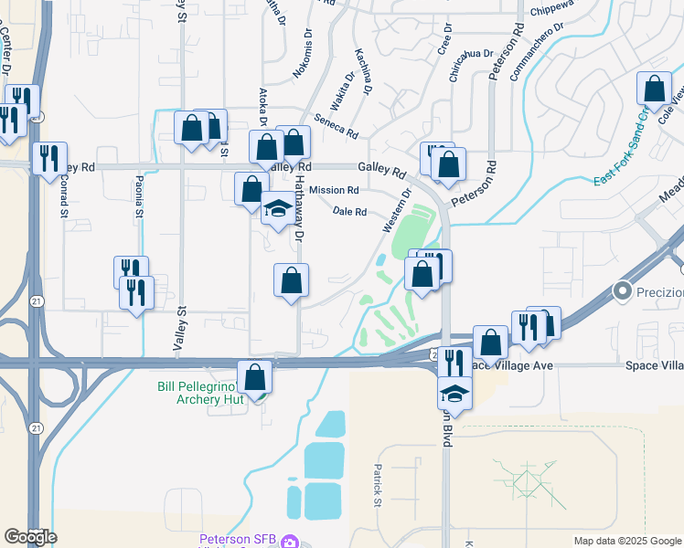 map of restaurants, bars, coffee shops, grocery stores, and more near 734 Western Drive in Colorado Springs