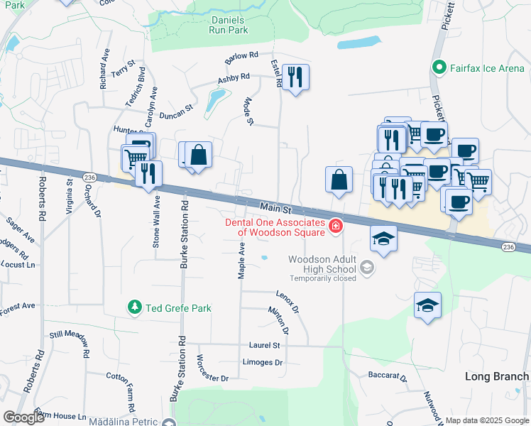 map of restaurants, bars, coffee shops, grocery stores, and more near 9780 Maple Trace Circle in Fairfax