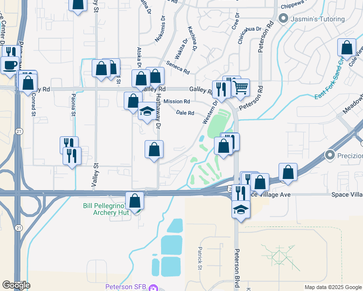 map of restaurants, bars, coffee shops, grocery stores, and more near 742 Great Western Drive in Colorado Springs