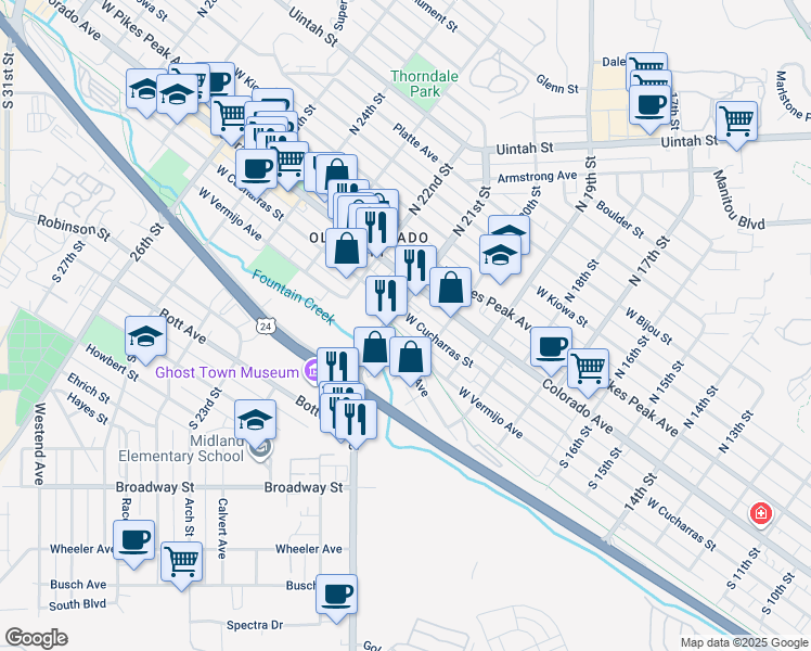 map of restaurants, bars, coffee shops, grocery stores, and more near 2029 West Cucharras Street in Colorado Springs