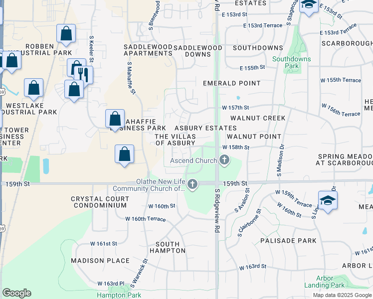 map of restaurants, bars, coffee shops, grocery stores, and more near 15754 South Brentwood Street in Olathe