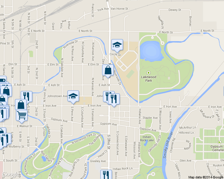 map of restaurants, bars, coffee shops, grocery stores, and more near 1116 East Ash Street in Salina