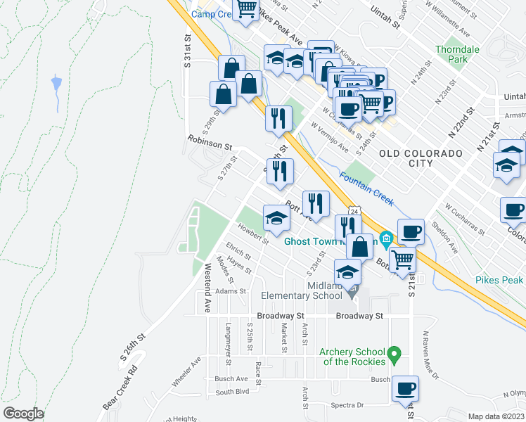 map of restaurants, bars, coffee shops, grocery stores, and more near 2510 Hagerman Street in Colorado Springs
