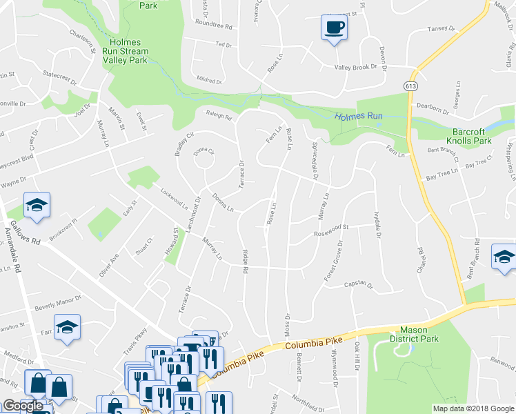 map of restaurants, bars, coffee shops, grocery stores, and more near 3705 Ridge Road in Annandale
