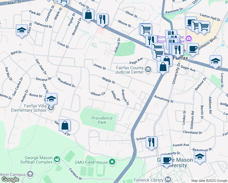 map of restaurants, bars, coffee shops, grocery stores, and more near 10630 Ashby Place in Fairfax