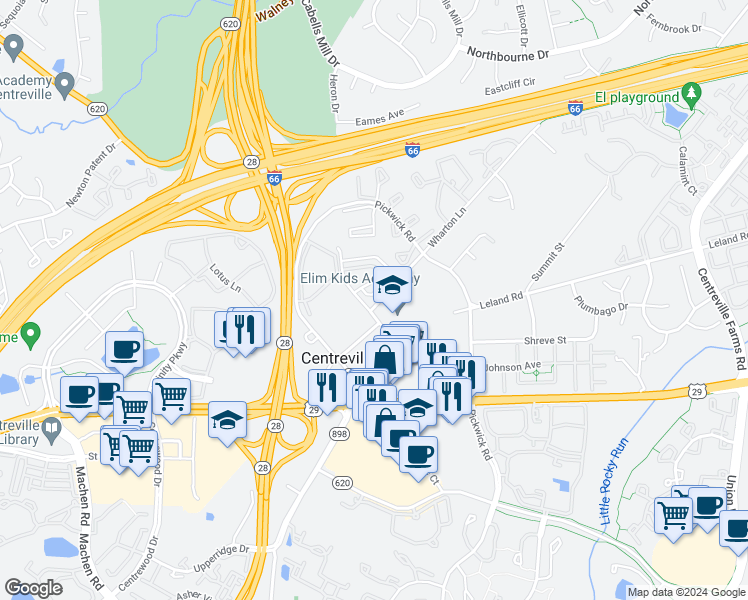map of restaurants, bars, coffee shops, grocery stores, and more near 5672 General Johnston Place in Centreville
