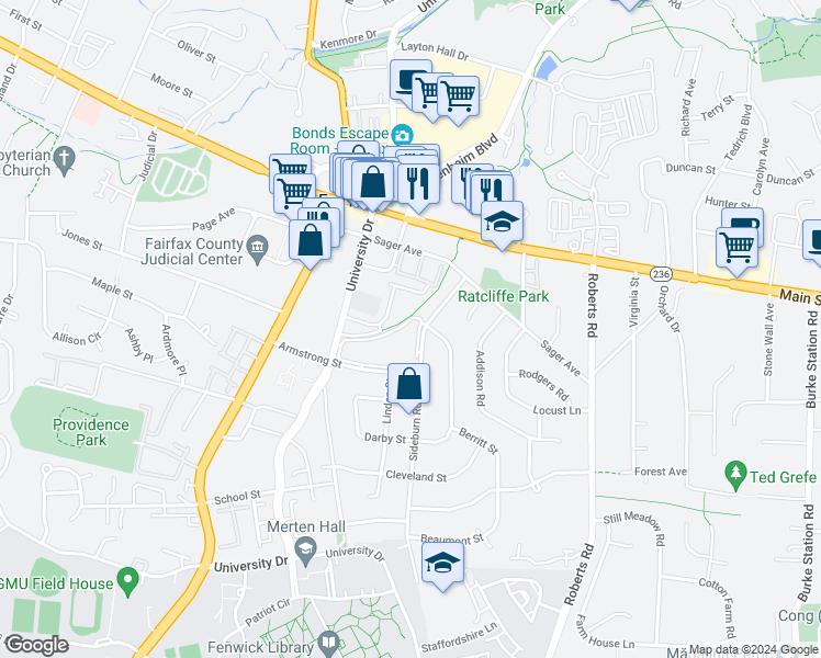 map of restaurants, bars, coffee shops, grocery stores, and more near 10409 Courthouse Drive in Fairfax