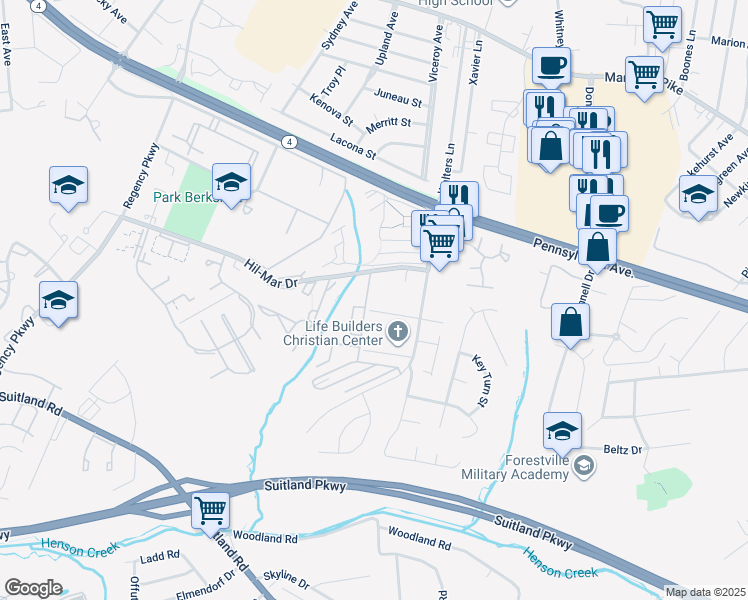 map of restaurants, bars, coffee shops, grocery stores, and more near 6600 Evanston Street in District Heights