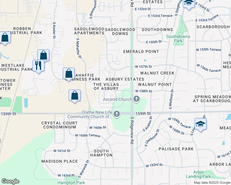 map of restaurants, bars, coffee shops, grocery stores, and more near 15754 South Brentwood Street in Olathe